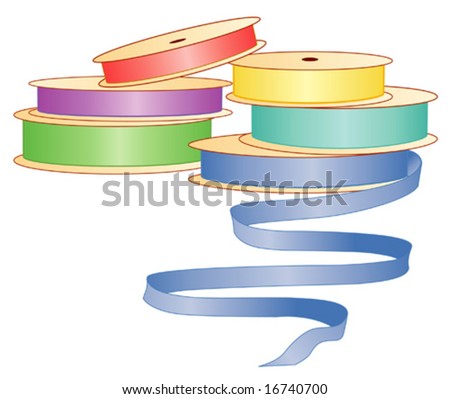 Ribbon, satin pastels: pink, blue, yellow, green, lavender for sewing, tailoring, dressmaking, quilting, needlework, textile arts, crafts, do it yourself hobbies. Isolated on white. EPS8 compatible.