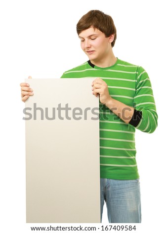 a man holding a blank, isolated on white background
