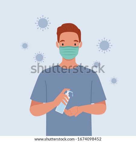 Young man wear masks Use alcohol antiseptic gel to clean hands and prevent germs. Vector illustration in a flat style Royalty-Free Stock Photo #1674098452