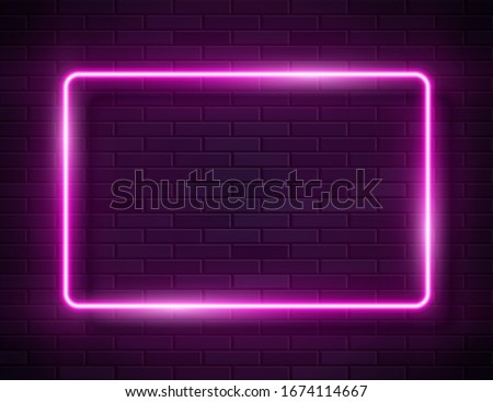 Futuristic Sci Fi Modern Neon Glowing Rectangle Frame for Banner on Dark Empty Grunge Concrete Brick Background. Vector Vintage Pink Red Purple Colored Lights. Retro Neon Sign