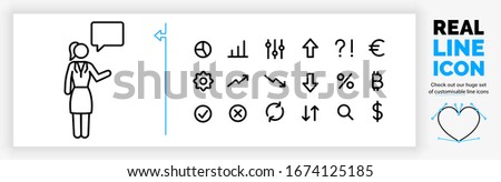 editable real line icon set of a standing business woman stick figure talking about an idea in a speech bubble in black modern lines on a clean white background