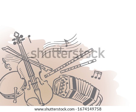 Music themed background with Celtic instruments. Vector illustration. Royalty-Free Stock Photo #1674149758