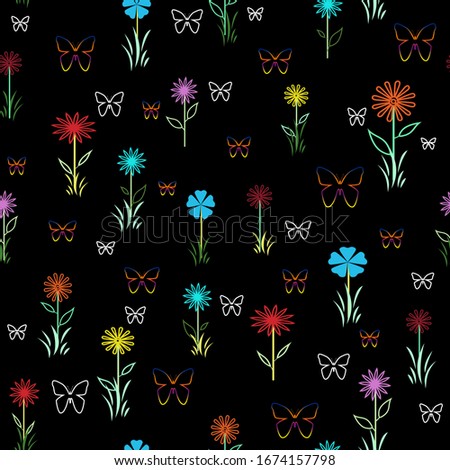 Set color flower, butterflies, for pattern seamless, material, paper, wallpaper, textil, black background