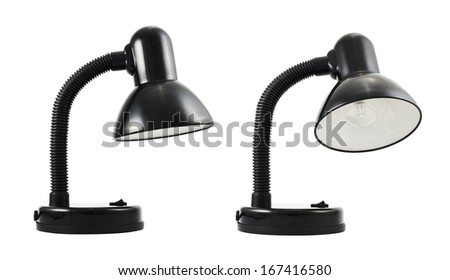Black office table lamp isolated over white background, set of two foreshortenings