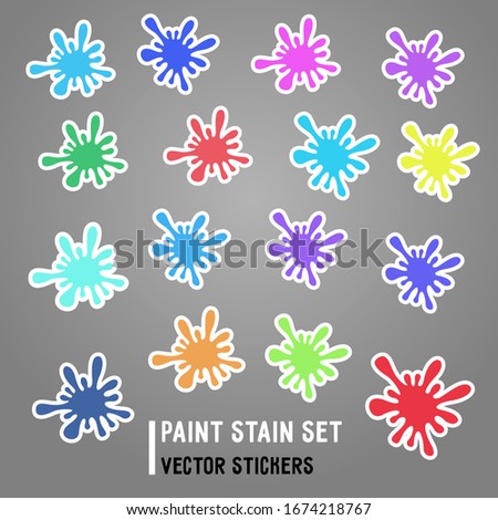 Colorful paint stain set with white outline. Vector illustrated stickers for children, schools, kindergartens, teachers and parents.