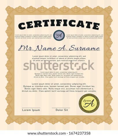 Orange Certificate template or diploma template. Easy to print. Money design. Detailed. 