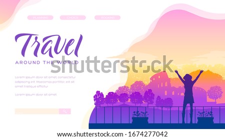 Silhouette of a girl-traveler on the background of the ancient Colosseum. The idea of a postcard, banner, magazine cover about ecotourism. Vector illustration design concept