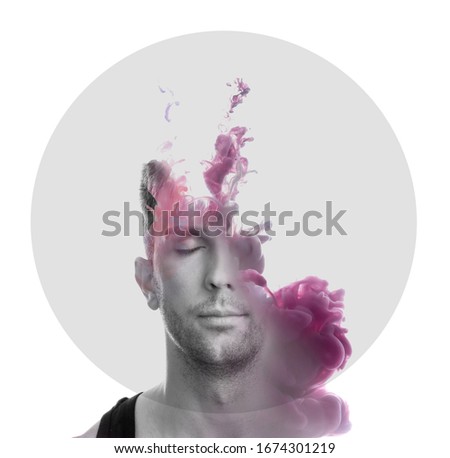 Double exposure of handsome man and splash of paints on white background