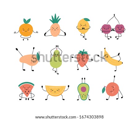Cute fruits and berries in yoga pose. Apple, banana, pear and other fruits practicing yoga and meditates. Funny vector cartoon characters isolated on white background