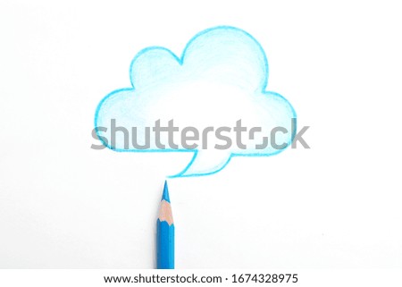 Drawing of cloud and light blue pencil on white background, top view