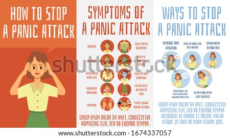 Panic attack symptoms and ways to stop - medical poster set with cartoon woman showing signs of fear and anxiety attach and problem solutions. Flat vector illustration.