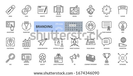 Branding icons. Set of 29 vector images with editable stroke. Includes name, logo, strategy, advertising, idea, slogan, trust, website, values, target audience, promotion, loyalty program, quality Royalty-Free Stock Photo #1674346090