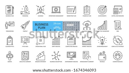 Vector business plan icons. Set of 29 images with editable stroke. Includes planning, financing, grant, audience, presentation, marketing, SWOT analysis, startup, conflict of interest, elevator pitch Royalty-Free Stock Photo #1674346093