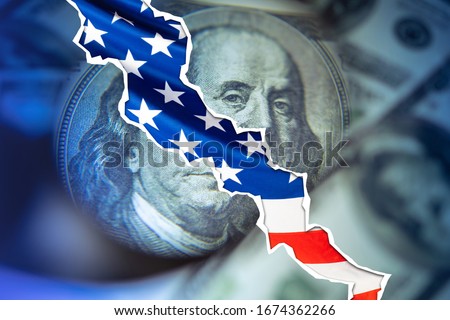 Crack in US dollars. Flag. Stagnation in the economy. Recession in the financial sector. Concept - the financial sector is collapsing. Falling financial markets. The United States Economic Crisis Royalty-Free Stock Photo #1674362266