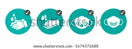 Preventive measures icons how not to get a virus. Wash hands and wear medical masks Royalty-Free Stock Photo #1674372688