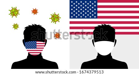 Man in protective face mask with american flag and virus icon