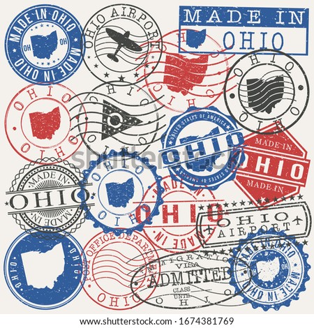 Ohio, USA Set of Stamps. Travel Passport Stamps. Made In Product. Design Seals in Old Style Insignia. Icon Clip Art Vector Collection.