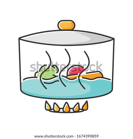 Stewing RGB color icon. Delicious gravy, goulash preparation process. Cooking method, culinary technique. Pan with meat and vegetables isolated vector illustration