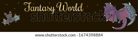 Fantasy World vector hand drawn horizontal banner. Winged beautiful dragons. Magical fabulous books concept background with place for text. Gold letters and starry sky.