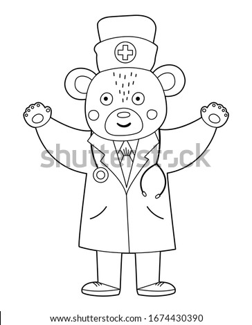 Vector outline bear doctor in medical hat with stethoscope. Cute funny animal character. Medicine coloring page for children. Healthcare icon isolated on white background