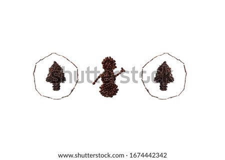 Christmas theme shapes made with roasted coffee beans and dried tea leaves placed on white background from the top view can use for your messages