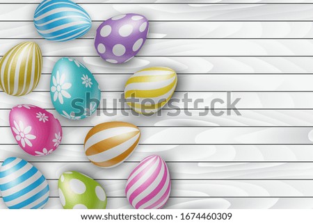 Easter poster. Wooden background with colorful eggs. Vector illustration.