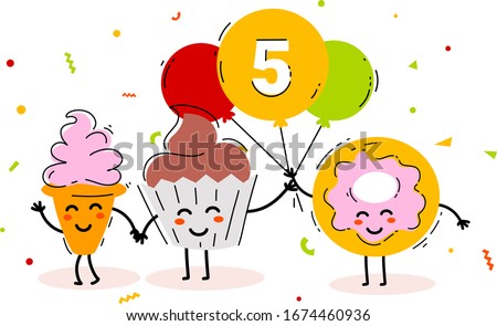 Vector happy birthday illustration of sweet fast food friend together with air balloon on white background. Flat line art style 