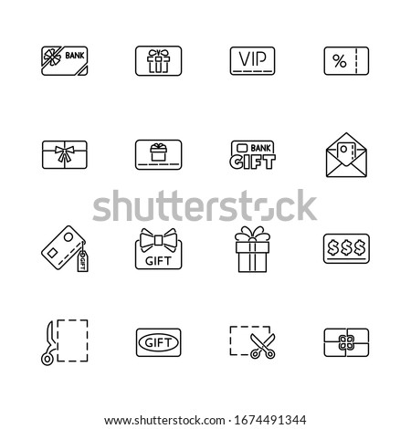 Gift Cards, Coupon, Voucher outline icons set - Black symbol on white background. Gift Cards, Coupon Simple Illustration Symbol - lined simplicity Sign. Flat Vector thin line Icon - editable stroke