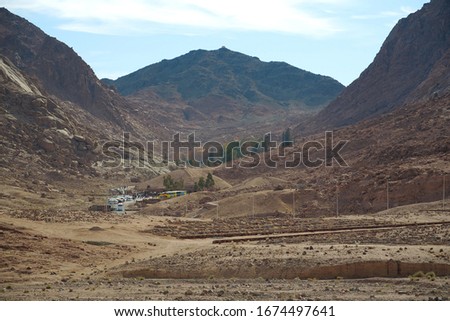 View of mountains and Saint Catherines Monastery in Sinai peninsula, officially Sacred monastery of God-Trodden Mount Sinai, Egypt
