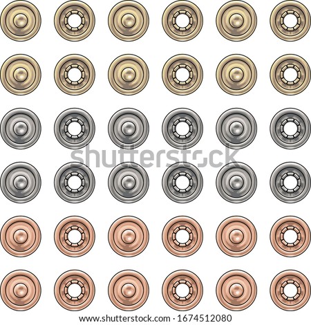 Fashion Elements: Round Metal Snaps Vector Illustration in Gold, Silver, & Rose Gold  Royalty-Free Stock Photo #1674512080