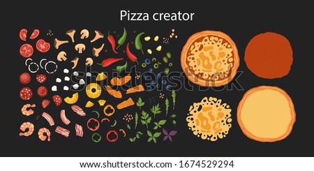 Italian cheese pizza creator vector illustration. Delicious tasty snack with mushroom and chili pepper. Create your own pizza. Flat design. Baked cake and ingredients - tomato, salami, basil and fish.