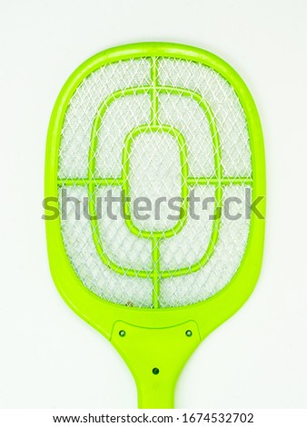 Yellow handheld mosquito killer electric racket bat on white background