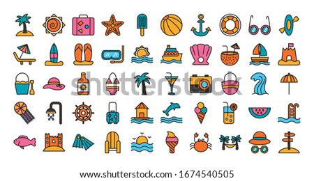 bundle of beach set line and fill icons vector illustration design
