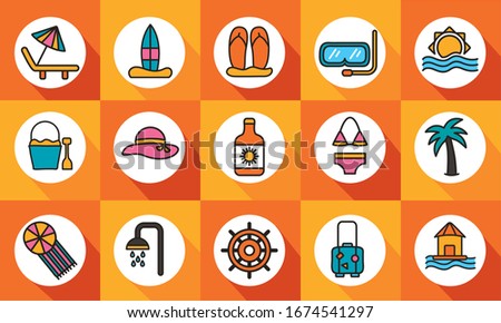 bundle of beach set line and fill icons vector illustration design