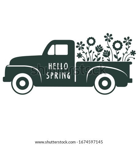 Black and White Retro Spring Flower Truck Illustration on White