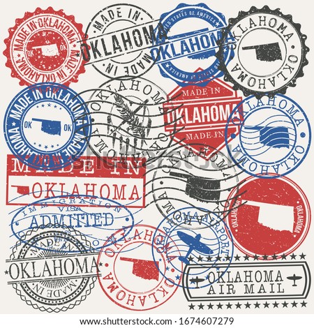 Oklahoma, USA Set of Stamps. Travel Passport Stamps. Made In Product. Design Seals in Old Style Insignia. Icon Clip Art Vector Collection.