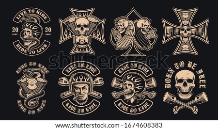 Set of black and white biker emblems on a dark background. These vector illustrations are perfect for apparel designs, logos, and many other uses.
