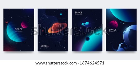 Space poster set. Outer space background with place for text. Cosmos scenes with planets, stars, comets. Vector illustration of galaxy. Greeting card collection in sci-fi style. Royalty-Free Stock Photo #1674624571