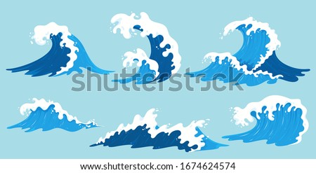 Vector sea waves collection. Illustration of blue ocean waves with white foam. Isolated water splash set in cartoon style. Element for your design. Royalty-Free Stock Photo #1674624574