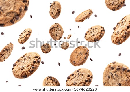 Collection of half chocolate chip cookies on white background Royalty-Free Stock Photo #1674628228