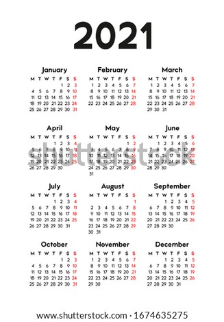 calendar 2021, week starts on Monday, basic business template. vector illustration