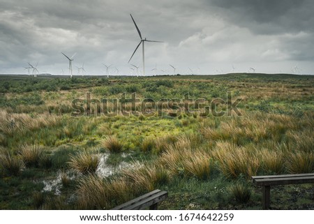 Whitelee Wind Farm is a windfarm on the Eaglesham moor in Scotland, with 215 Siemens and Alstom wind turbines and a total capacity of 539 megawatts (MW). Renewable energy. Royalty-Free Stock Photo #1674642259