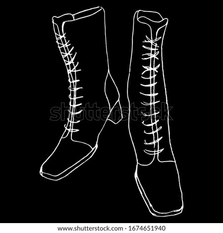 Isolated vector illustration. Pair of vintage female laced boots. Retro fashion footwear. Hand drawn linear sketch. White silhouette on black background.
