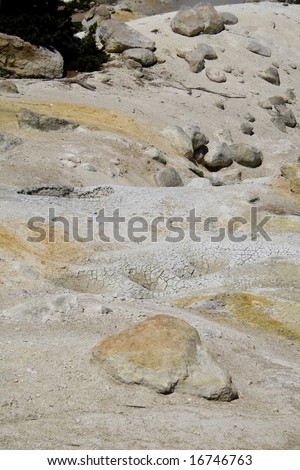 Dirt encrusted with sulfur and other minerals from volcanic gasses in Lassen Volcanic National Park
