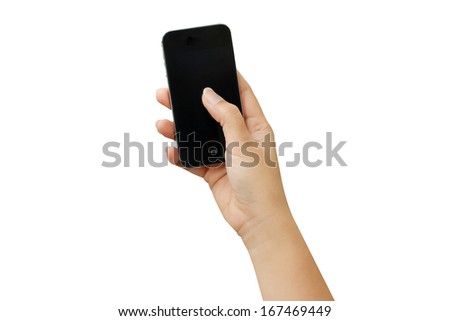 female hands holding smartphone . Isolated on background white 