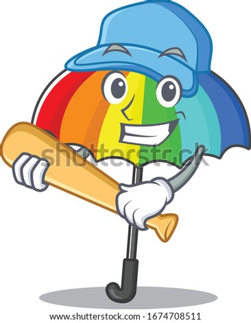 Mascot design style of rainbow umbrella with baseball stick