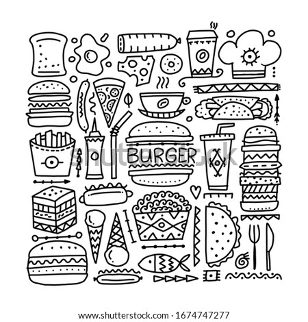Fast food icons. Hamburger pizza sausages snacks sandwich ice cream. Food menu background for your design. Vector illustration