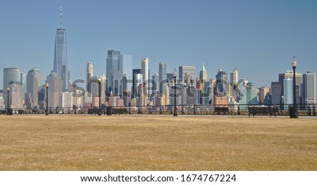 Manhattan seen from the Liberty State Park in New Jersey in wintertime.