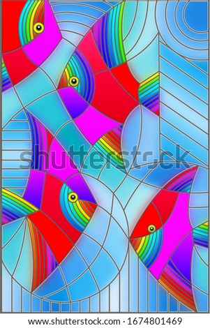 Illustration in stained glass style with bright abstract fish on a geometric blue background
