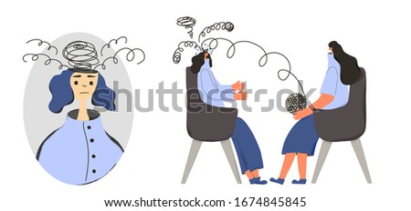 Psychologist having session with her patient. Counseling therapy. Female character with some mental issues. Psychotherapy concept. Woman talking to therapist. Vector flat illustration.